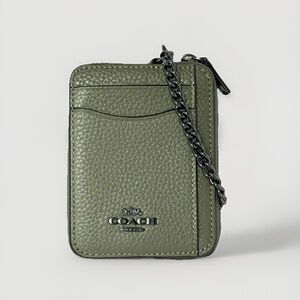 NWT COACH Zip Card Case 6303 Refined Pebble Leather Military Green AUTHENTIC